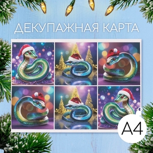 Декупажная карта «Змеи в новогодних шапках», плотность 45 г/м², формат А4