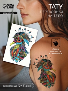 Переводная тату на тело цветная «Птица в узорах», неон, 26×14.5 см