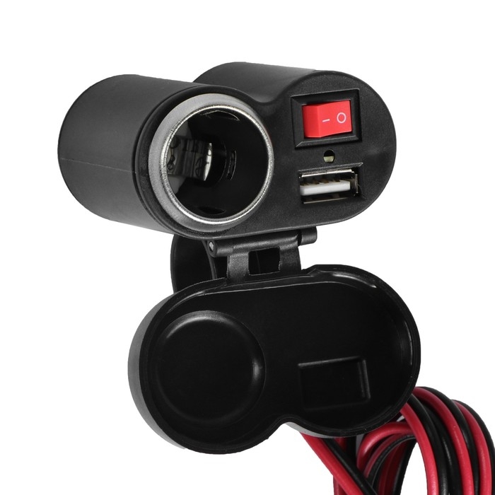 Зарядное устройство на руль мотоцикла, с тумблером, USB + прикуриватель, провод 120 см