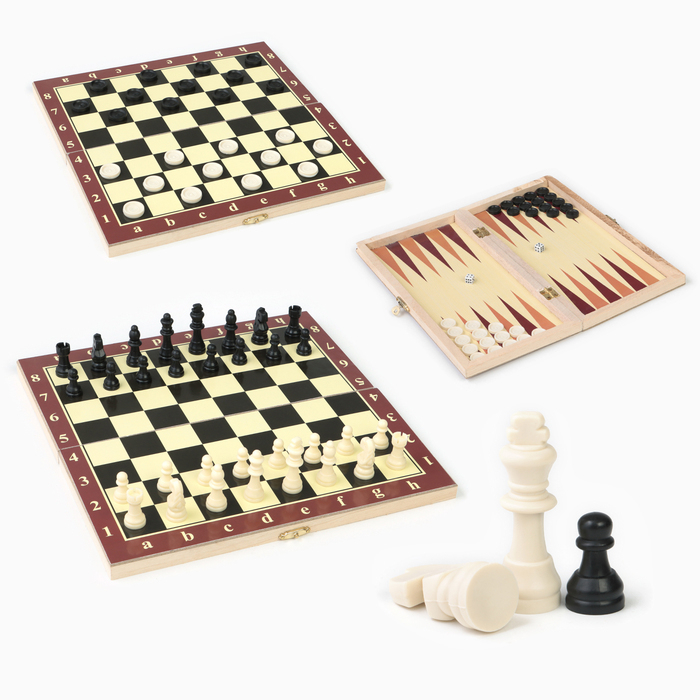 Шахматы, шашки, нарды, настольные игры, набор 3 в 1, 29×29 см