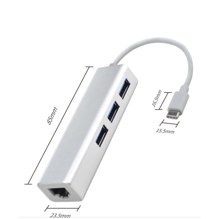 Type-C-разветвитель (HUB), 3 порта USB,порт ethernet, кабель 10 см, серебристый