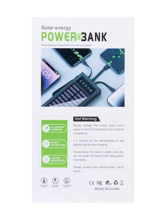 Внешний портативный аккумулятор 10000 мАч, 10 W, 2USB, Type-C, фонарик, солнечная панель, чёрный