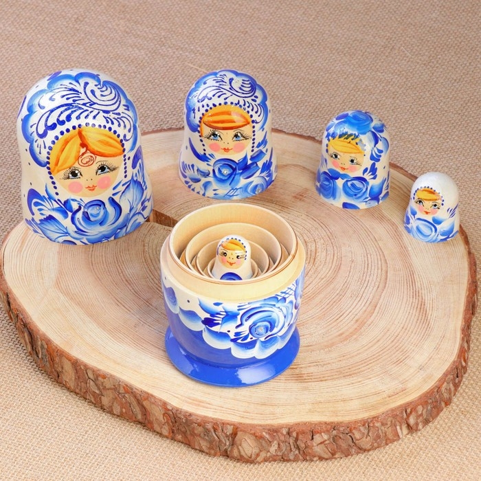 Матрёшка дерево «Гжель», синее платье, 5 кукольная, 18 см