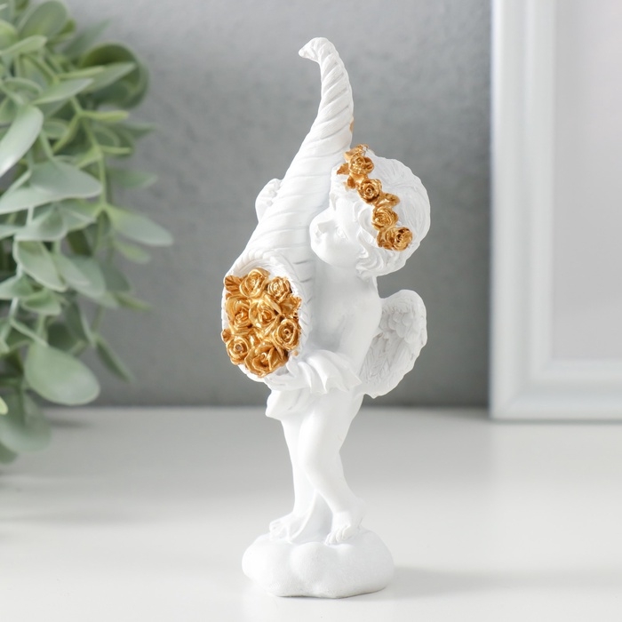 Фигурка полистоун «Белоснежный ангел с рогом с розами», 5.5×4.5×13.5 см